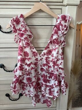 Francesca's Collections White V-Neck Ruffle Tank with Rose Print